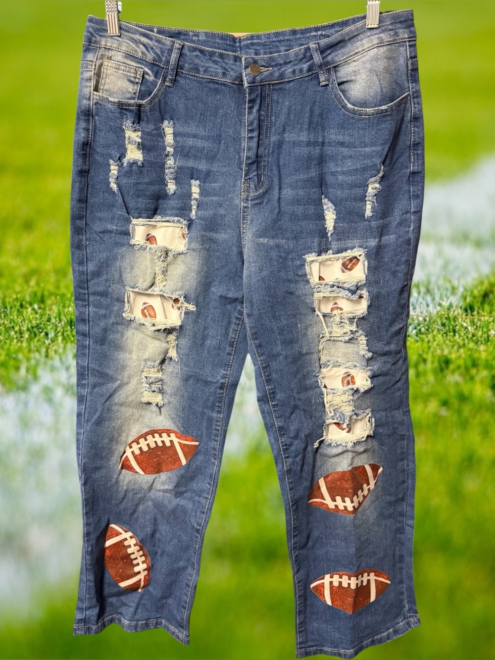 Womens size 2XL high rise cropped jeans football distressed lined blue denim new